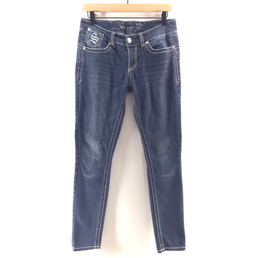 Seven7 Womens Skinny Jeans Size 6 Dark Wash Contrast Stitch Embellished Y2K Low